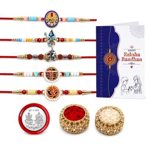 Image of Oblivion Rakhi For Brother - Elegant Stylish God Designer Rakhi with Beads and Silver Colour Pooja Coin, Tilak Set & Greeting Card - Traditional Raksha Bandhan Combo for Bhai
