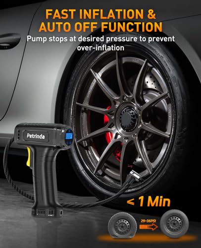 Petrinda Cordless Tyre Inflator Air Compressor, Portable Handheld Rechargeable Battery Tyre Pump with Digital Pressure Gauge, Electric Tyre Inflator with LED Light & 4 Nozzle for Car, Motorcycle Bike - Image 4