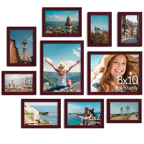 Image of Vittanly Picture Frames Set of 10, Picture Frames Collage Wall Decor with Two 8x10, Four 5x7 and Four 4x6 Photo Frames, Gallery Wall Frame Set for Wall or Tabletop Display, Cherry Red