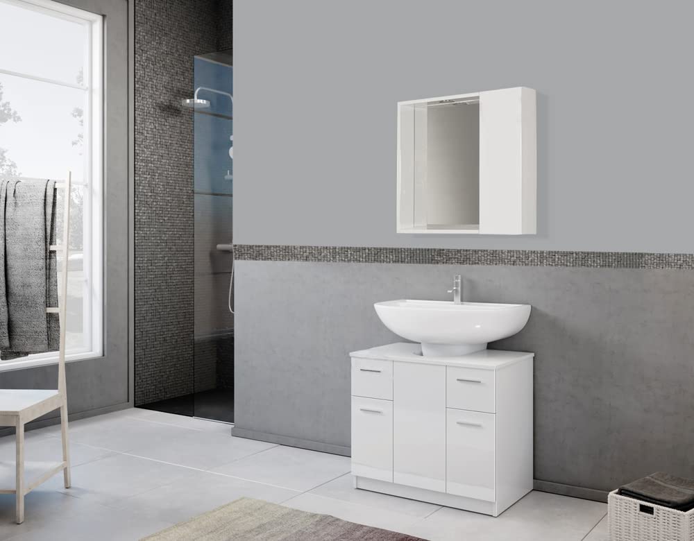 Mama Store SPECCHIERA Bagno con VANO Contenitore e Luce LED-Bianco Lucido Laccato, L. 60 CM X P. 16 CM X H.60 CM