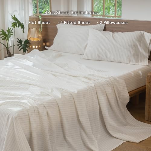 Image of MooMee Striped Sheet Set 100% Washed Cotton Linen Like Queen