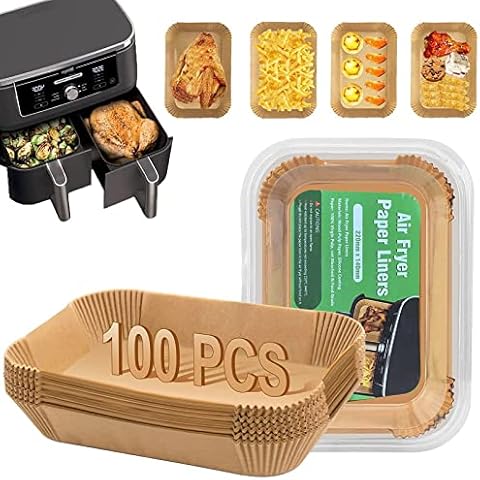 LIAMERHE 100 PCS Air Fryer Liners for Ninja Dual Air Fryer Accessories Rectangle Air Fryer Parchment Paper Disposable Air Fryer Parchment Paper Liner for Ninja AF300UK AF400UK Dual Zone Air Fryer Cover