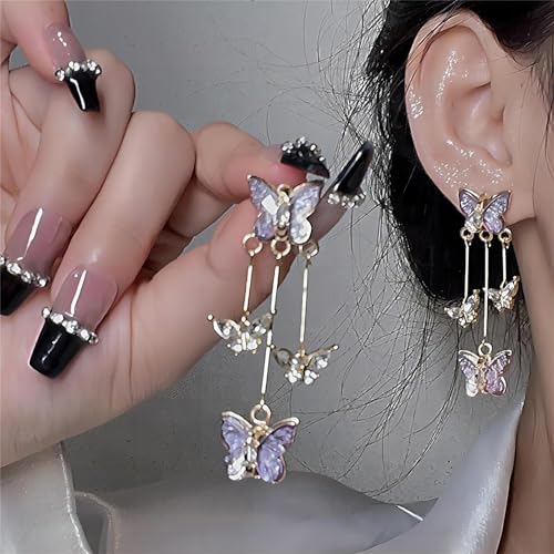 Butterfly Earrings for Women Sparkle Purple Butterfly Earrings Crystal Butterfly Tassel Earrings Purple Earrings Jewelry for Singer Fans Costume Outfits Gifts3