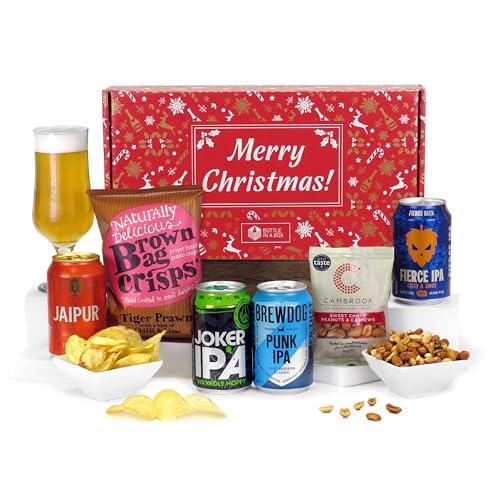 Craft Beer IPA Gift Set – Standard Hamper with 4 IPAs & Snacks, Gift for Men, Birthdays, Father’s Day & Thank You (Standard, Merry Christmas)