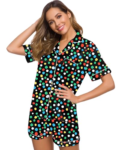 Image of SWOMOG Womens Silk Satin Pajamas Set Short Sleeve Sleepwear Button Down Top and Shorts Loungewear 2 Piece Pjs Set XS-3XL L v-painted Dots Medium