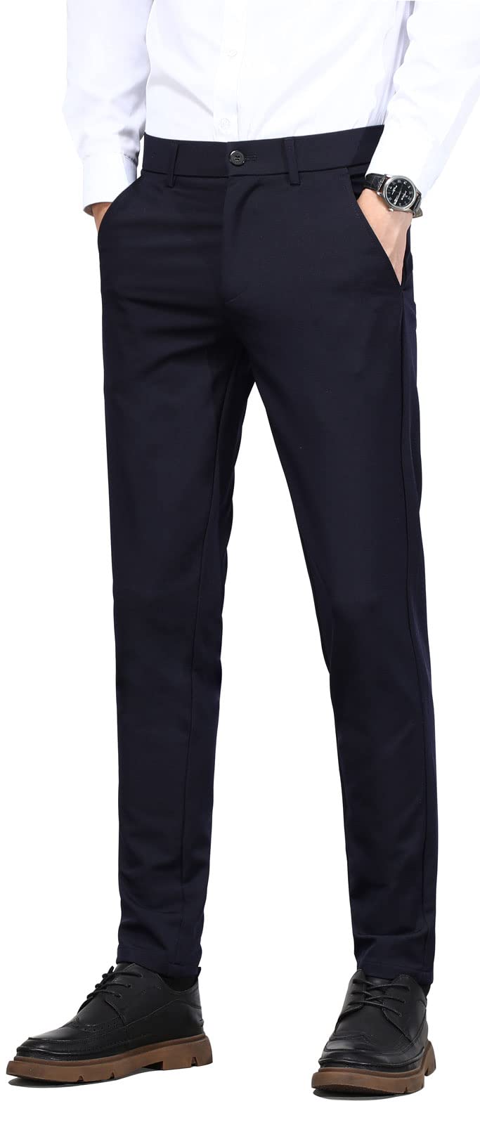 Plaid&Plain Men's 4-Way Flex Stretch Slim Fit Dress Pants