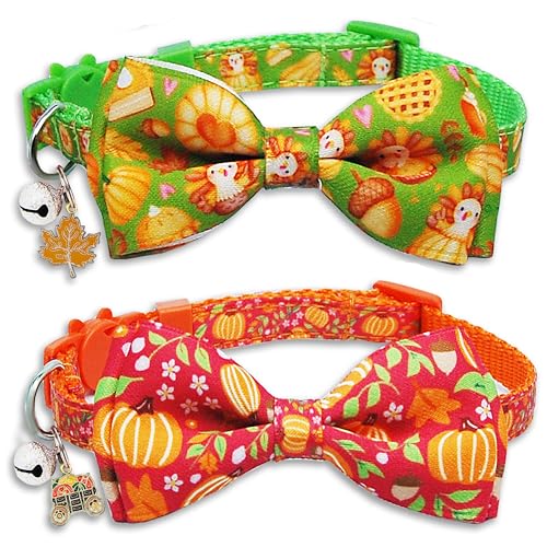 2 Pack Thanksgiving Cat Bowtie Collar Adjustable Breakaway Collars with Cute Turkey & Pumpkin Patch Pattern Bells & Charms Festive Fall Kitty Kitten Accessories