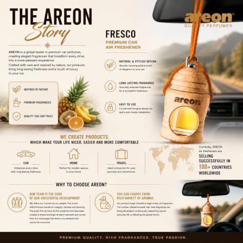 Image of AREON Fresco Premium Hanging Car Air Freshener, Tutti Frutti, Pack of 1 | Premium Wooden Hanging Car Air Freshener with an Elegant, Compact Design. Suitable for Use in Cars, SUVs, Vans, and Trucks.
