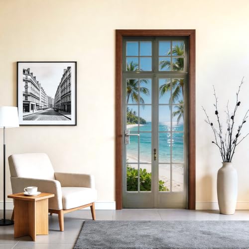 Image of Ocean View Door Mural, Faux French Door Cover, 30.3x78.7in