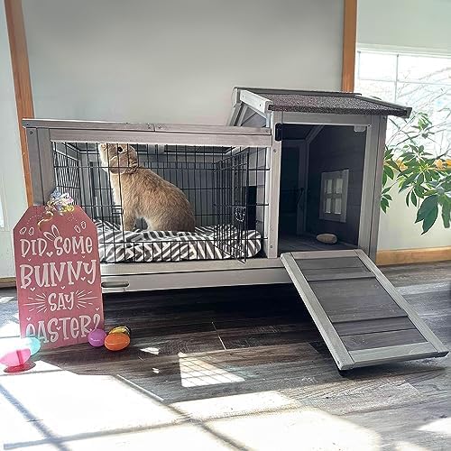 Aivituvin Rabbit Cage Indoor for 1-2 Bunnies, 6.6ft² Wooden Outdoor Rabbit Hutch, Small Bunny House, Guinea Pig Cage with Leakproof Pull Out Tray, 4 Wheels and Removable Wire Floor Grid