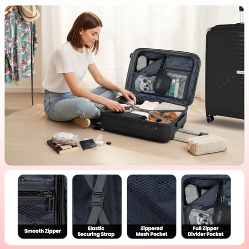 Image of Storite Luggage Set of 3 Trolley Bag Hard-Sided Polypropylene | 55cm, 63cm & 74cm | 8 Wheels Double Spinner Small, Medium & Large Travel Suitcase Bag for Men & Women - Black