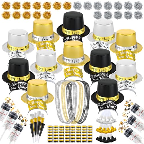 Ceenna 114 Pcs 2025 New Year's Eve Party Decorations Supplies for 24 Guests 12 Happy New Year Hats 12 Tiara 12 Blowing Horns 12 Metallic Fringed Noise Makers 24 Necklaces 24 Bracelets 10 Celebrations