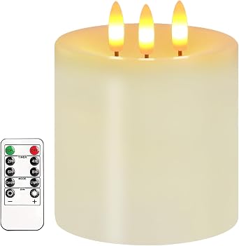 4"x4" Extra Large Flameless Candles with 3 wick, Battery Operated Flickering Electric LED Candles with Remote Control & Timers, Real Wax White Pillar Candle for Christmas Weeding Daily Decor Cream