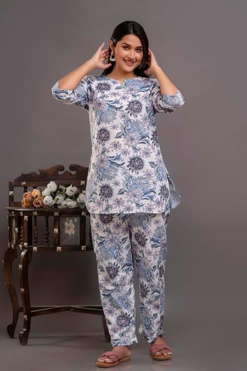 Image of Pure Cotton Printed Night Suit Set | Top Pyjama Set for Women | Night Dress of Kurta Pyjama Set for Women | Kurta Top Set