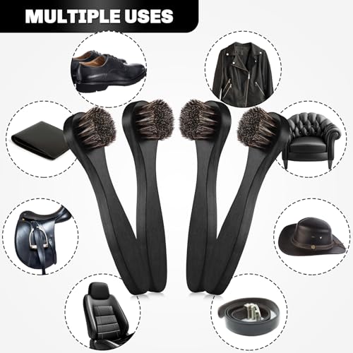 Image of 4 Pcs Horsehair Shine Shoes Brush Kit Polish Dauber Applicators Cleaning Leather Shoes Boots Care Brushes Suede Cleaner Brush with Microfiber Shoe Cloth(Black Handle A)