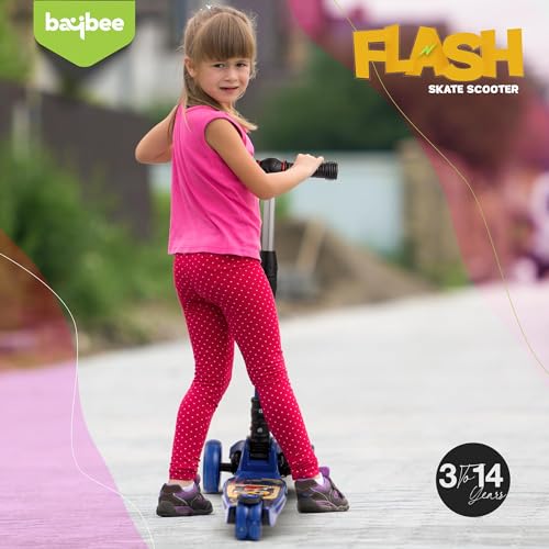 Image of Baybee Flash Kick Scooter for Kids | Smart Foldable 3 Wheel Kids Scooter with 4 Height Adjustable, LED PU Wheels & Brake | Skating Scooters Upto 75 Kg Capacity | Skate Scooters for Kid (Blue)