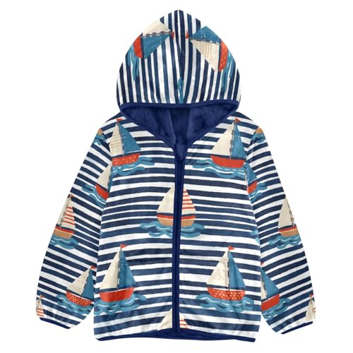 Nautical Sailboats on Striped Background Toddler Fleece Jacket Girl Boys Hooded Fleece Jacket Coat