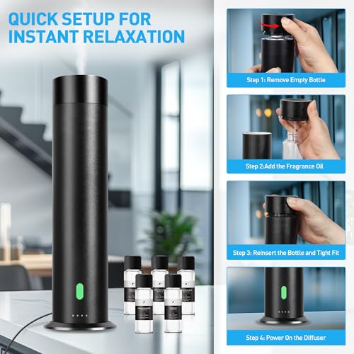Waterless Scent Diffuser Starter Kit - 1000 Sq Ft Coverage, Hotel Scent Diffuser, Essential Oil Diffuser Large Room, Included 5 Scent Oils, Remote Control, Black, 11.30In - Image 6