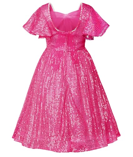 Uhnice Flower Girl Sequin Pearl Dress Flutter Sleeve Midi Dress Tulle Bow Back for Wedding Party2