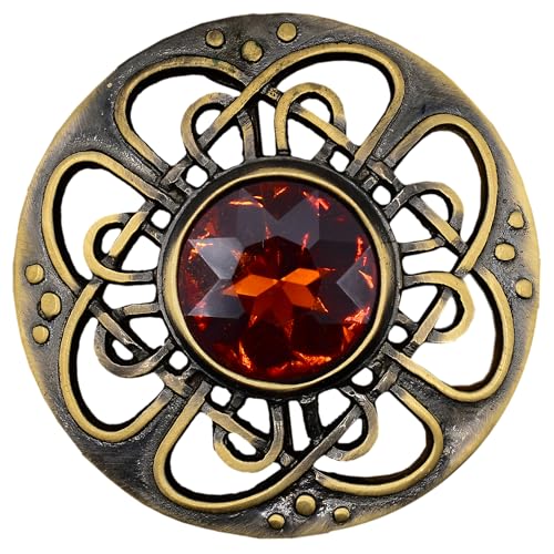 Image of Elegant Culloden Plaid Brooch - Scottish Kilt Fly Plaid Brooch Intricate Celtic Knot in Pewter with Gemstone 3-Inch Diameter - Ideal for Scottish Kilts & Formal Wear