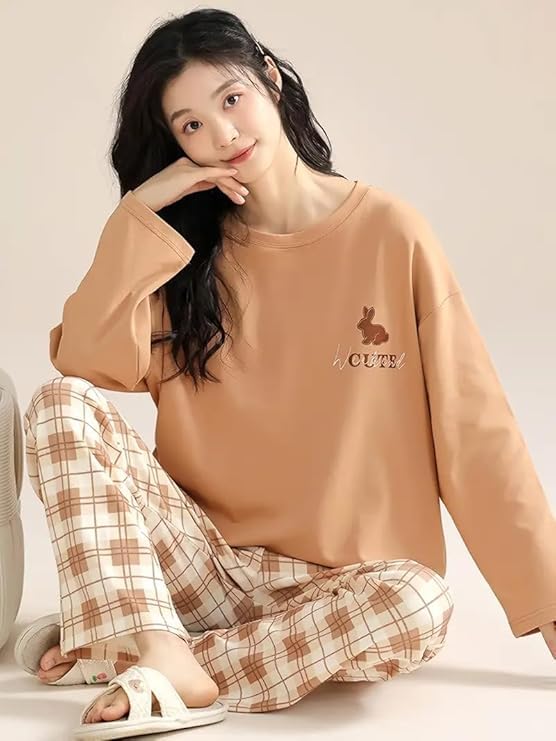 Image of LUXERUDRA Women's Pajama Set, Soft Breathable Korean Style Nightsuit with Top & Full Pants, Lightweight Loose Fit Nightwear & Loungewear for Girls & Women.