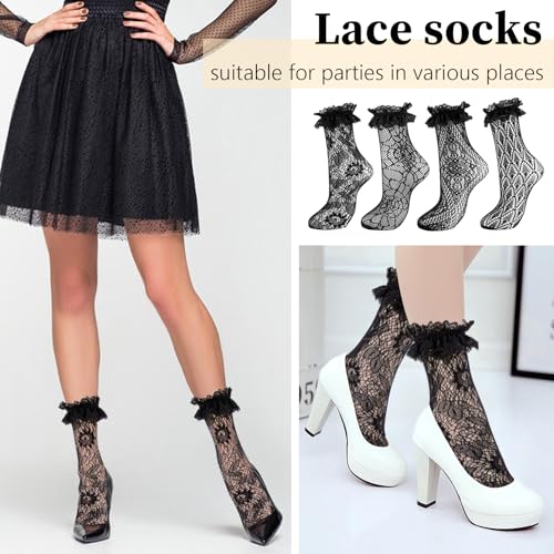 Image of 4 Pairs Women's Lace Trim Ruffle Frilly Ankle Socks - Black Mesh Lace Socks for Women