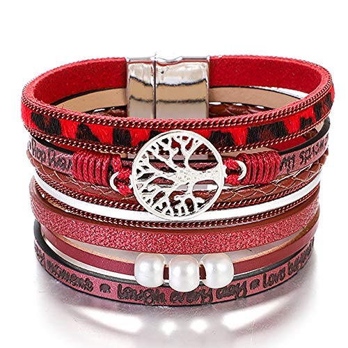 KSQS Tree of Life Leather Multi-Layer Wraps Bracelet,Boho Wide Buckle Wristband Bangle,Braided Cuff Bracelets for Women(Red Leopard)