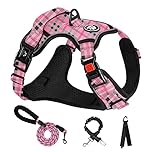 NESTROAD Dog Harness, Anti Pull Medium Dog Vest Harness and Lead Set, Pink Plaid, Size M for Medium Dogs of Neck 13~17" Chest 17-25", Reflective No-Choke Escape Proof Pets Accessories for Training