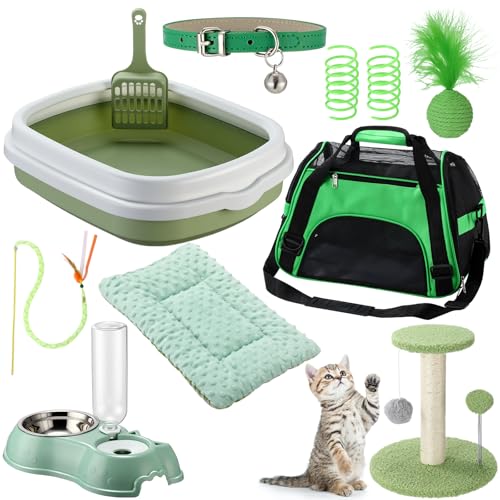 Eccliy Kitten Starter Kit 10 Pcs Cat Starter Kit for Indoor Cats Kitten Essentials Includes Litter Box Pet Toy Folding Carrier Climbing Frame Mat Collar Automatic Food Bow(Classic Green)