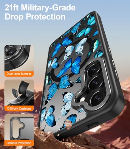 Goodon for Galaxy S24 Case, Wireless Charging Compatible, Shockproof Translucent Matte Cover - Cute Floral Design Phone Case for Women Girls - Blue Butterfly - image 6