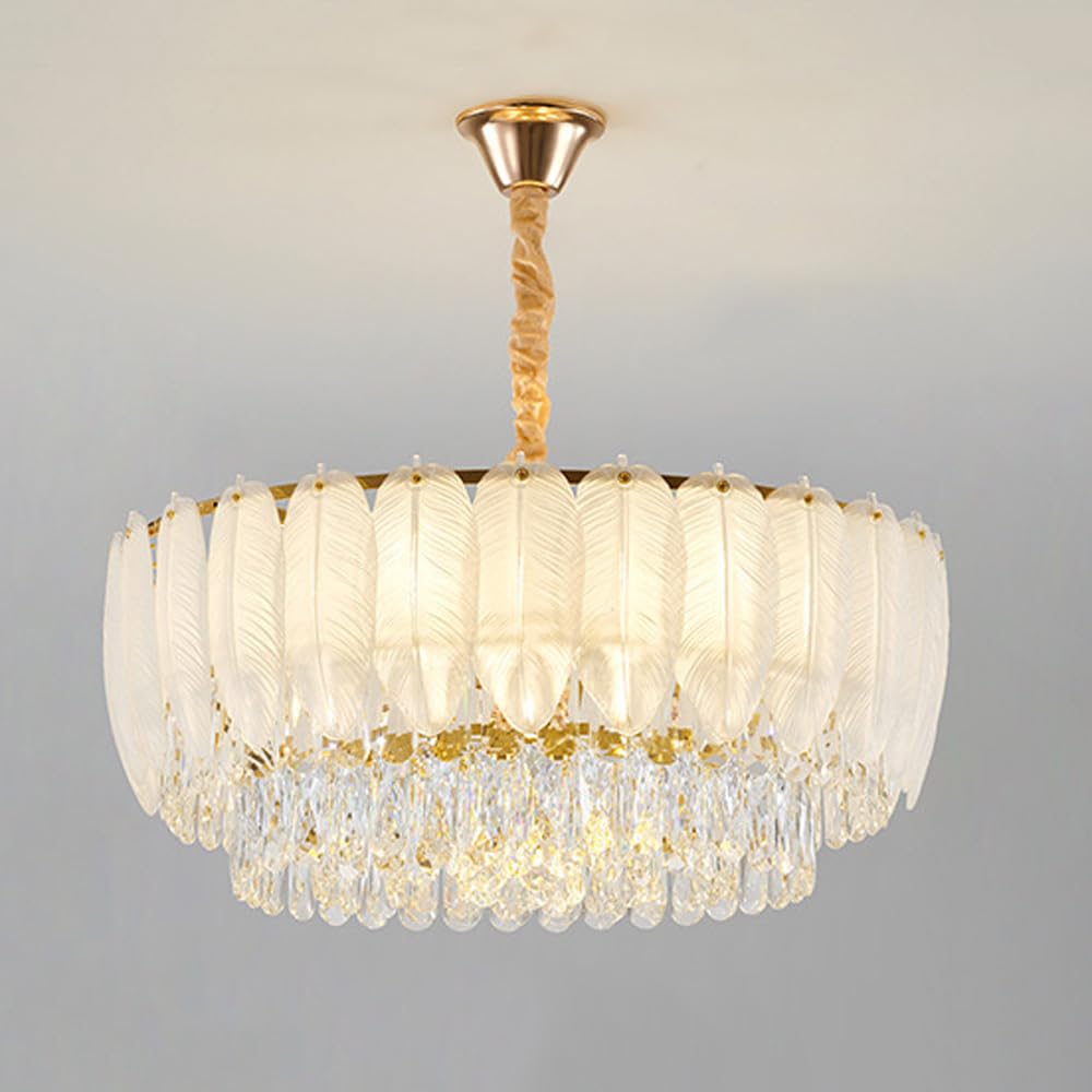 HYJAUSXB Modern Gold Crystal Chandelier Ceiling Light Fixture with 5 White Feather Pendant for Kitchen Island and Girls Bedroom