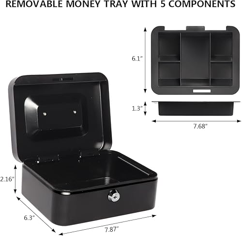 Miniatura 5 de Kasten Caja de efectivo con bandeja de dinero y cerradura de llave, organizador de dinero para efectivo, 7.87 x 6.30 x 3.54 pulgadas, pequeño negro