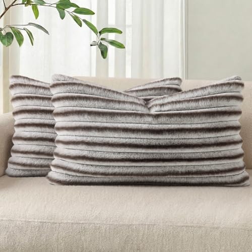 Image of Pallene Faux Fur Plush Lumbar Throw Pillow Covers 12x20 Set of 2, Luxury Soft Fluffy Striped Decorative Pillow Covers for Sofa, Couch, Living Room, Ombre Coffee