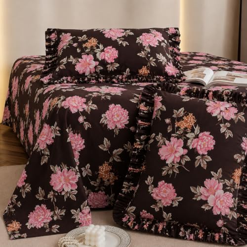 Image of Fitted Bedsheet Queen Size 300 TC Soft Cotton Feel Microfiber All Around Elastic Fitted Double Bedsheet with 2 Frill Pillow Covers | Size (60x78) Pink Coffee