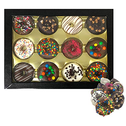 Chocolate Works Chocolate Marshmallow Donut Assortment Box 12ct. Marshmallow Dipped in Chocolate with Sprinkles, Toffee, Chocolate Covered Candies and More