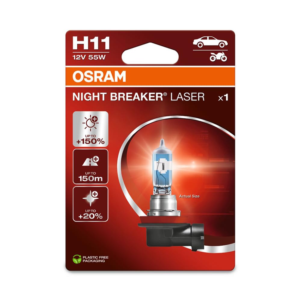 OSRAM NIGHT BREAKER LASER H11, +150% more brightness, halogen headlight lamp, 64211NL-1BL, 12V, blister (1 lamp)