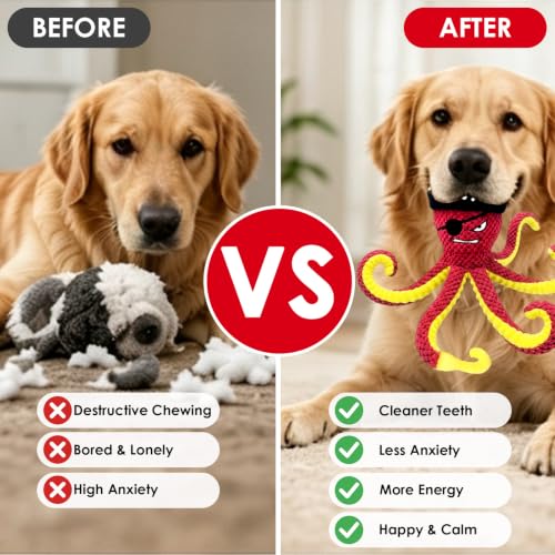 Image of MAXBECK Interactive Octopus Dog Toy, Plush Dog Toy with Crinkle Paper & Squeaker, Tug of War Dog Toy for Small Medium Large Dogs, Soft Dog Chew Toy for Indoor Play, Puppy Training (I-Octopus-Red)