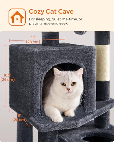 Image of Feandrea Cat Tree, 59.5-Inch Tall Cat Tower, Plush Multi-Level Condo with 5 Scratching Posts, 2 Perches, 2 Caves, Hammock, 2 Pompoms, Smoky Gray UPCT192G01
