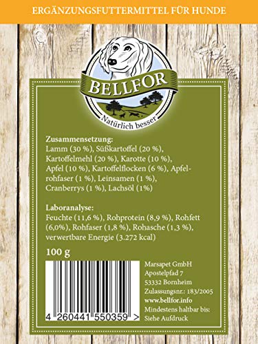 Bellfor Knabber-Schmaus Hundekekse mit frischem Lammfleisch – 100 g. Getreide- und glutenfreie Hundeleckerlis für Sensible Hunde. Hundekekse zur Zahnpflege