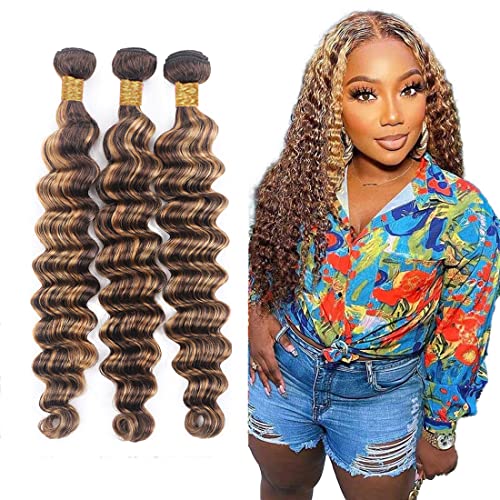 Honey Blonde Bundles Ombre Human Hair Bundles Deep Wave Human Hair Weave With 3 Bundles 18 20 22 Inch Virgin Brazilian Human Hair Extension P4/27 Color Honey Blonde Human Hair Extension Weave