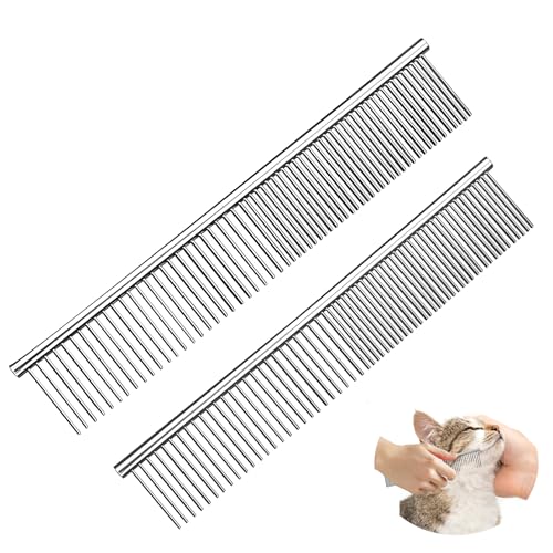 2 Stück Hundekamm, 2-in-1 Edelstahl Haustier Kamm Abgerundeten Haustierkamm Stahlkamm Metall Fellpflegekamm für Große Mittlere Kleine Hunde und Katzen zum Entfernen von Knoten und Verwicklungen