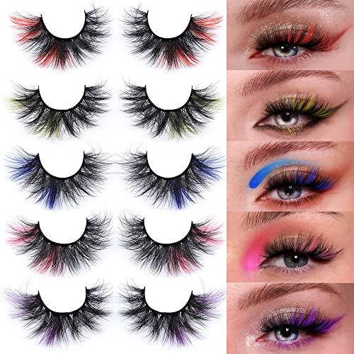 Colored Lashes Mink Fluffy Volume False Eyelashes 20Mm Curly Long Dramatic Lashes With Color Full 5D Wispy Fake Eyelashes Pack 5 Pairs Pink Blue Lashes By Mavphnee #TOP3