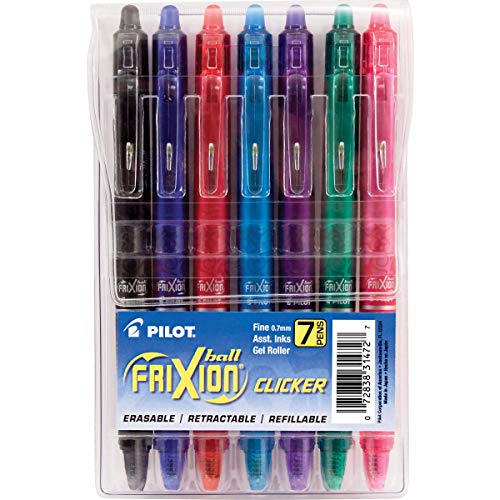 Pilot FriXion Clicker Erasable, Refillable & Retractable Gel Ink Pens Fine Point, Erasable Pens, Fine Tip 0.7mm, 7 Count (Pack of 1) Pouch