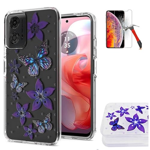 Generic Hard Shell Phone Case for Motorola Moto G-Power 5G 2024 (XT2415V) Hybrid Dual Layered Cover with Screen Protector (Multi-Butterfly/Tempered Glass), Clear