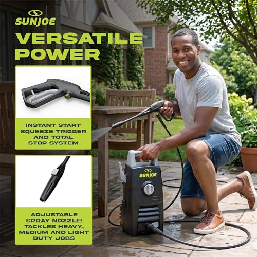 Image of Sun Joe Electric Pressure Washer with Powerful Motor for Cars /Fences /Patios /All Uses, Safety First GFCI Power Cord, Adjustable Spray Wand & Total Stop System, 20-Foot Hose, Black, SPX205E-XT