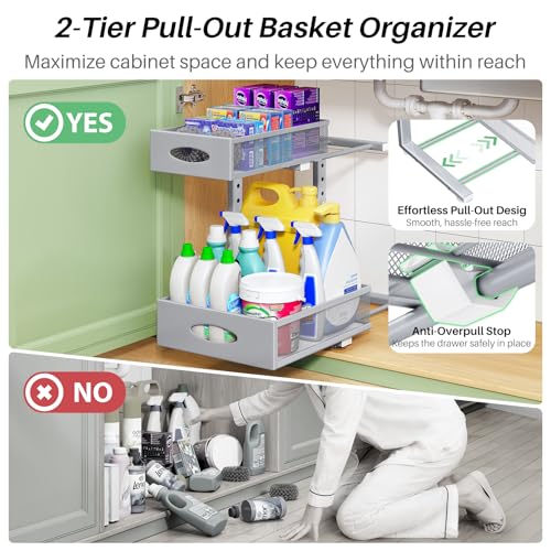 Image of Under Sink Organizer, 2-Pack Pull Out Cabinet Organizer 2 Tier Metal Slide Out Storage Shelf Rack, L-Shaped Adjustable Height,Mesh Sliding Drawer for Kitchen, Bathroom, Laundry, Pantry, Grey, XL