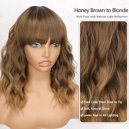 Image of Nnzes Short Wavy Bob Wig with Bangs for Women Shoulder Length Curly Soft Honey Brown to Blonde Ombre Synthetic Heat-Resistant Fiber Hair for Daily & Party Use