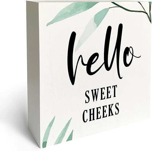 Letrero de madera con texto en inglés Hello Sweet Cheeks para decoración de baño, decoración rústica de baño, caja de madera, placa de bloque para