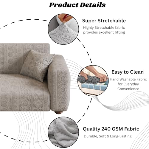 Image of Lukzer 1 Seater Pastel Light Grey Tribal Pattern Sofa Cover | 240 GSM Universal Stretch Fit Jacquard Fabric Couch Protector | Fully Covered Anti Slip & Washable Sofa Cover (90-140cm /SC-072-01)