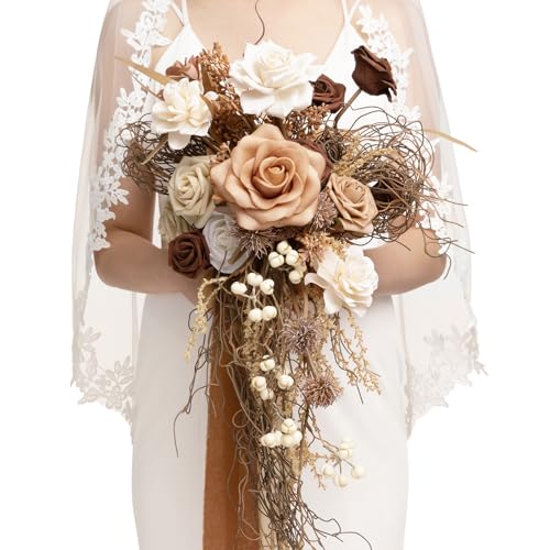 Ling's moment Beige Bridal Bouquet Cascading, Brown Boho Wedding Bouquets for Bride, 13 Inch Bride Bouquets for Wedding Artificial Flowers Bouquets for Rustic Wedding Ceremony Anniversary